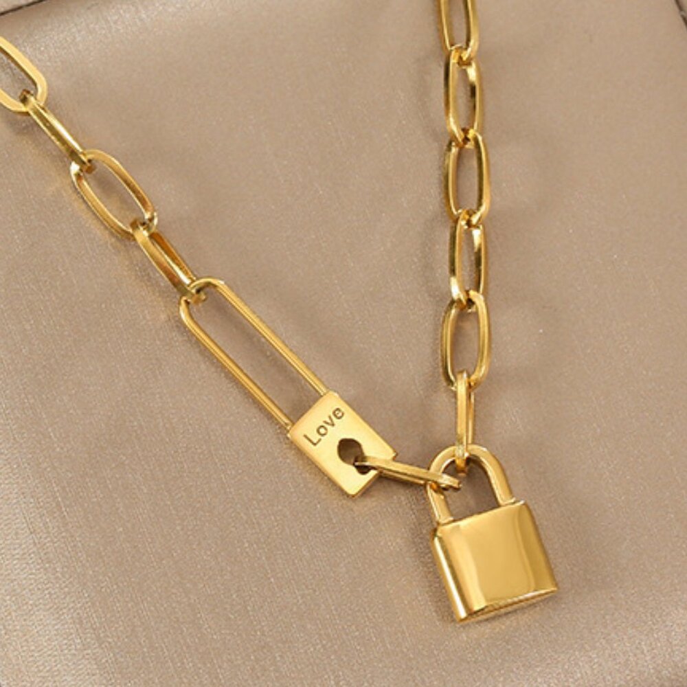 Women's Stainless Steel Gold Love Lock Pendant Chain Necklace